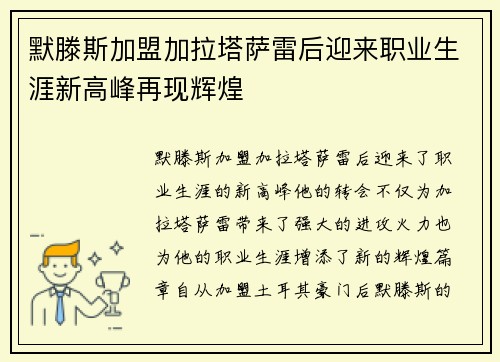 默滕斯加盟加拉塔萨雷后迎来职业生涯新高峰再现辉煌 默滕斯加盟加拉塔萨雷后迎来职业生涯新高峰再现辉煌