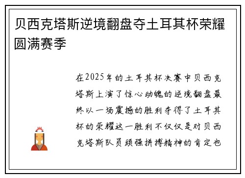 贝西克塔斯逆境翻盘夺土耳其杯荣耀圆满赛季 贝西克塔斯逆境翻盘夺土耳其杯荣耀圆满赛季